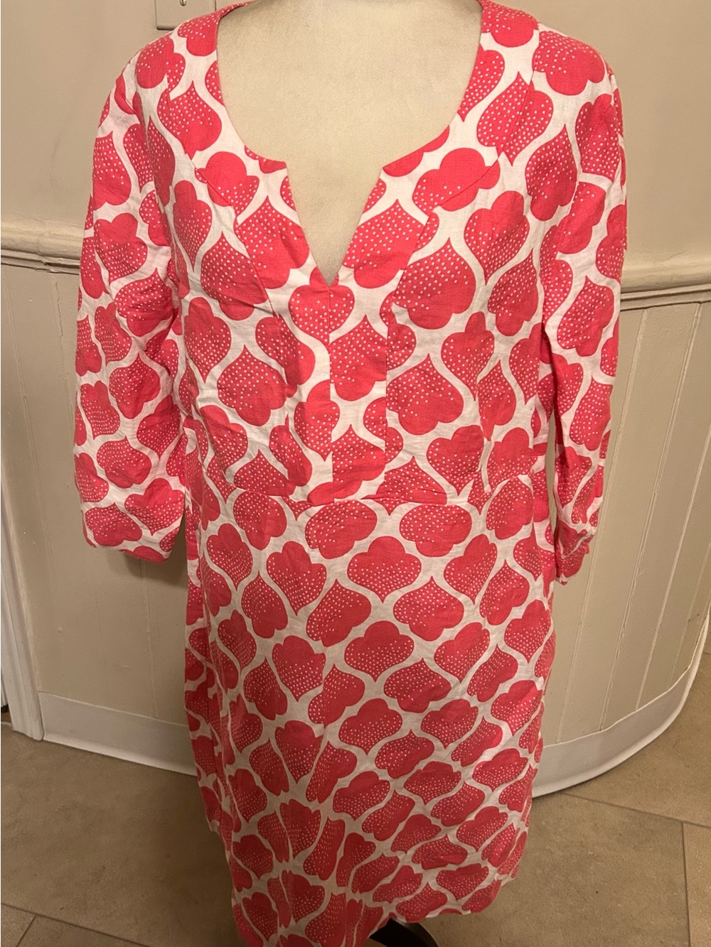 Boden 100% Linen Sheath 3/4 Sleeve Dress/Pink/White Ikat Heart Print/Size 16L
